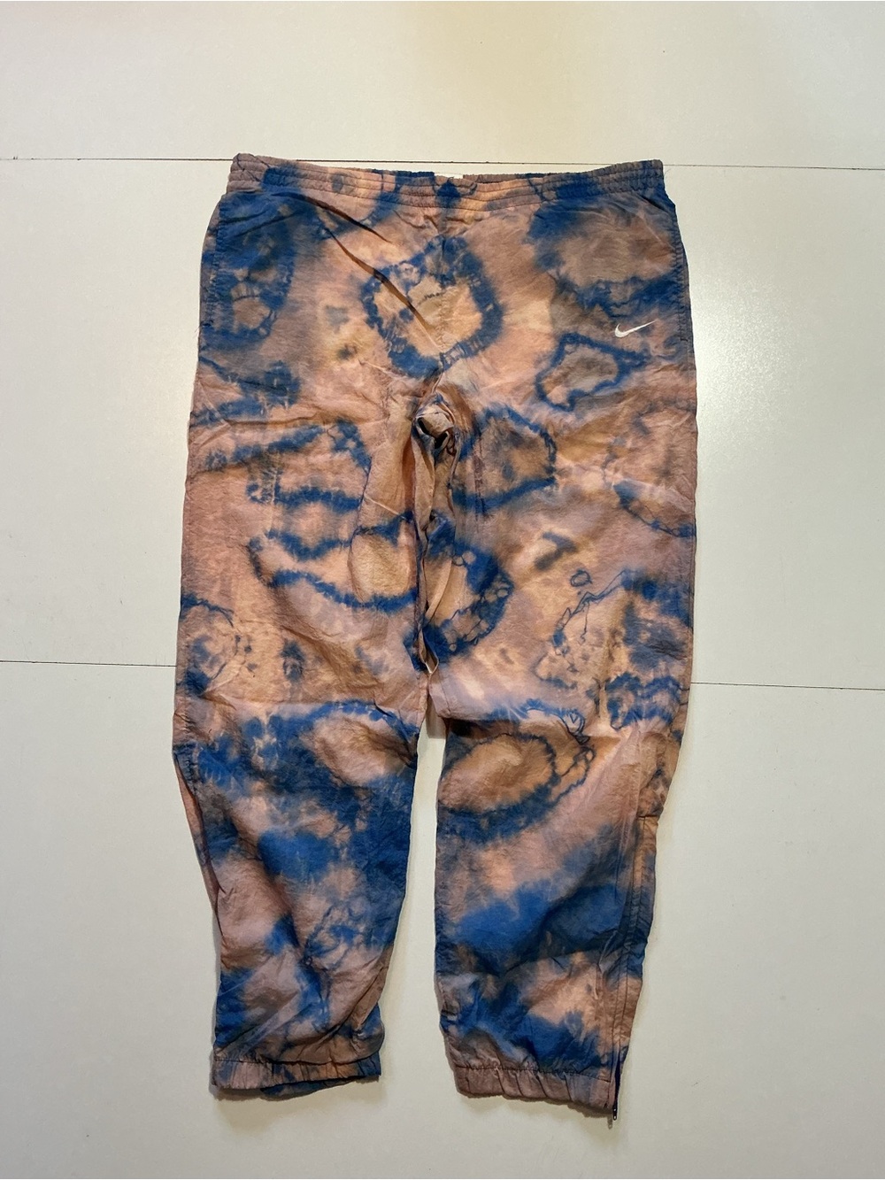 Vintage 90s Nike Blue Bleach Tie Dye Nylon Swoosh Windbreaker Track Pants